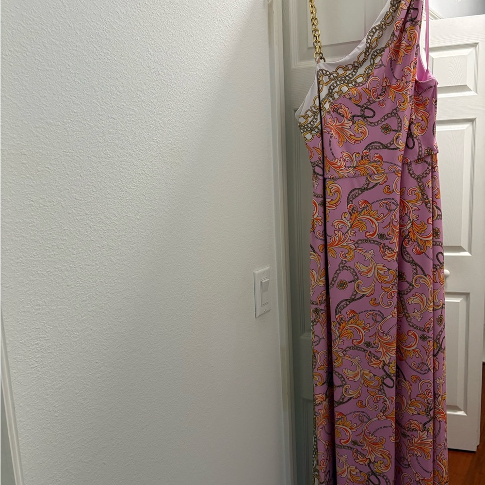 Boston Proper One Shoulder Dress in Pink and Gold Paisley